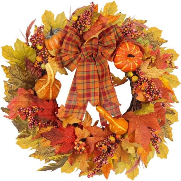 Fall Wreath with Maple Leaves Pumpkin Bowknot for Autumn Decorations, 20"